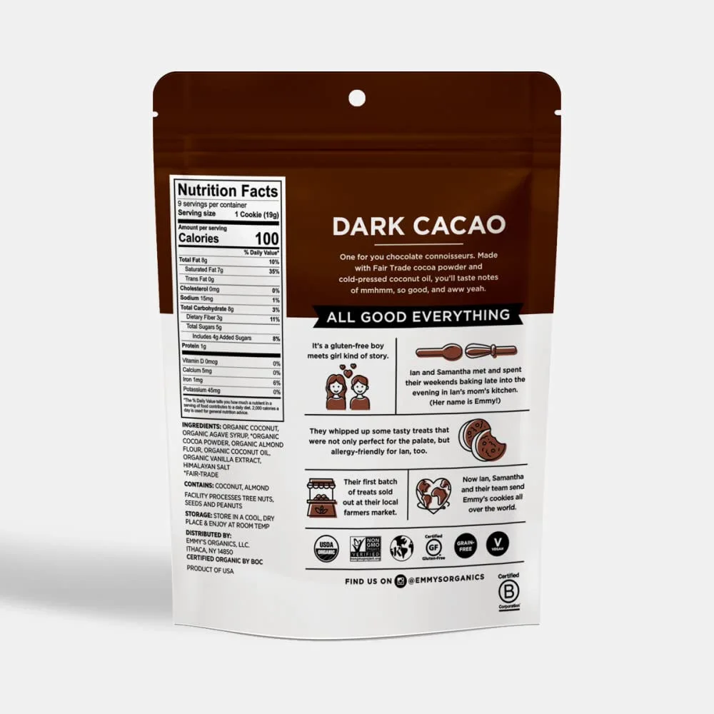 Emmy's Organics Dark Cacao Coconut Cookies (Pack of 2) | Gluten-Free, Organic, Vegan, Paleo-Friendly