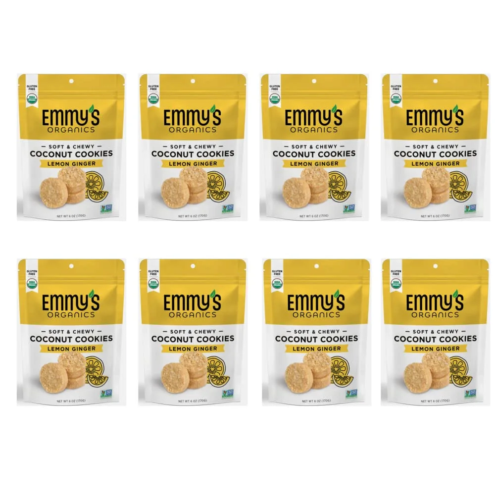 Emmy's Organics Lemon Ginger Coconut Cookies (Pack of 8) | Gluten-Free, Organic, Vegan, Paleo-Friendly