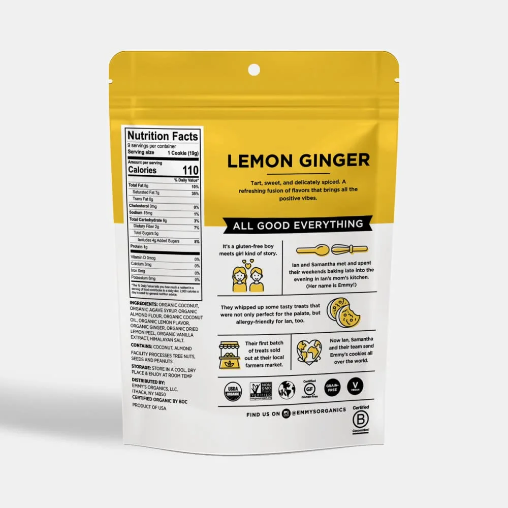 Emmy's Organics Lemon Ginger Coconut Cookies (Pack of 8) | Gluten-Free, Organic, Vegan, Paleo-Friendly