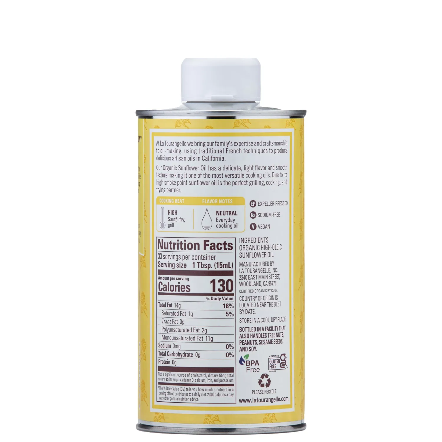 La Tourangelle, Organic High Oleic Sunflower Oil, Neutral Oil For Medium to High Heat Cooking and Skin Care, Non GMO, Pesticide and Chemical Free, 16.9 Fl Oz