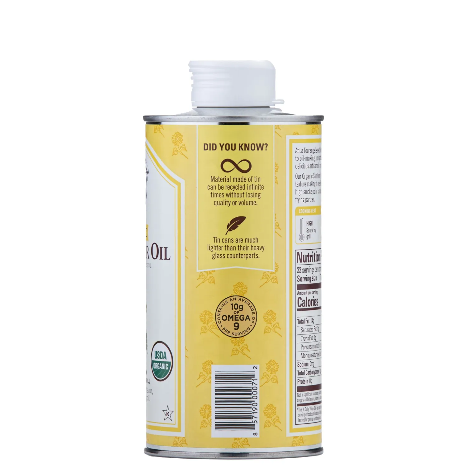 La Tourangelle, Organic High Oleic Sunflower Oil, Neutral Oil For Medium to High Heat Cooking and Skin Care, Non GMO, Pesticide and Chemical Free, 16.9 Fl Oz