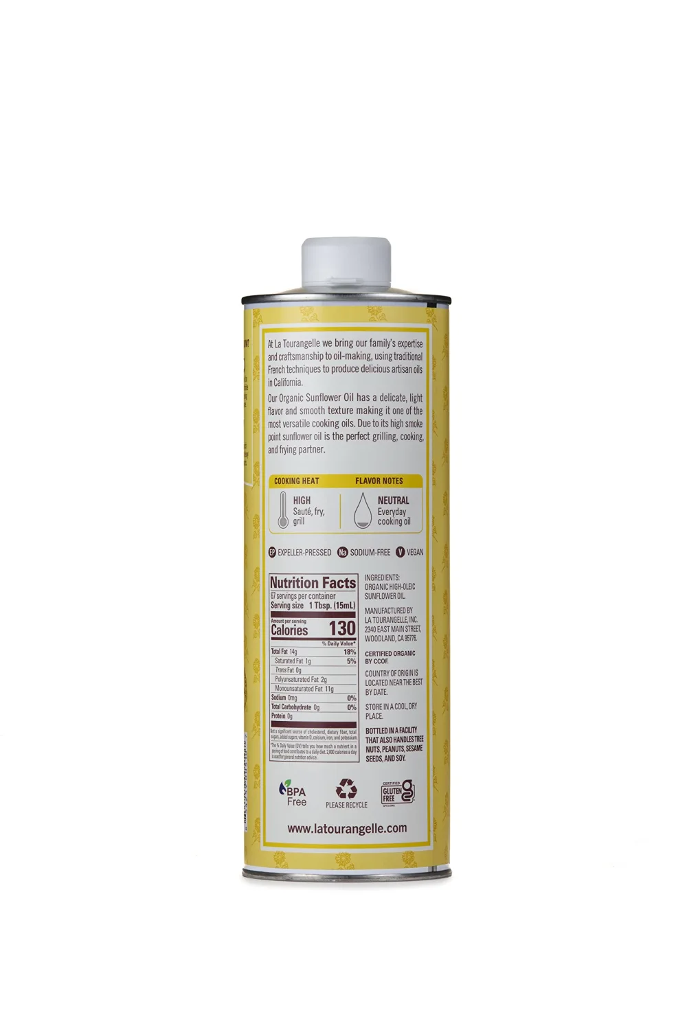 La Tourangelle, Organic High Oleic Sunflower Oil, Neutral Oil For Medium to High Heat Cooking and Skin Care, Non GMO, Pesticide and Chemical Free, 33.8 Fl Oz