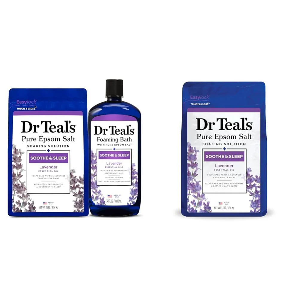 Dr Teal's Epsom Salt Soaking Solution and Foaming Bath with Pure Epsom Salt Combo Pack, Lavender (Packaging May Vary) & Epsom Salt Soaking Solution, Soothe & Sleep, Lavender, 3lbs (Packaging May Vary)