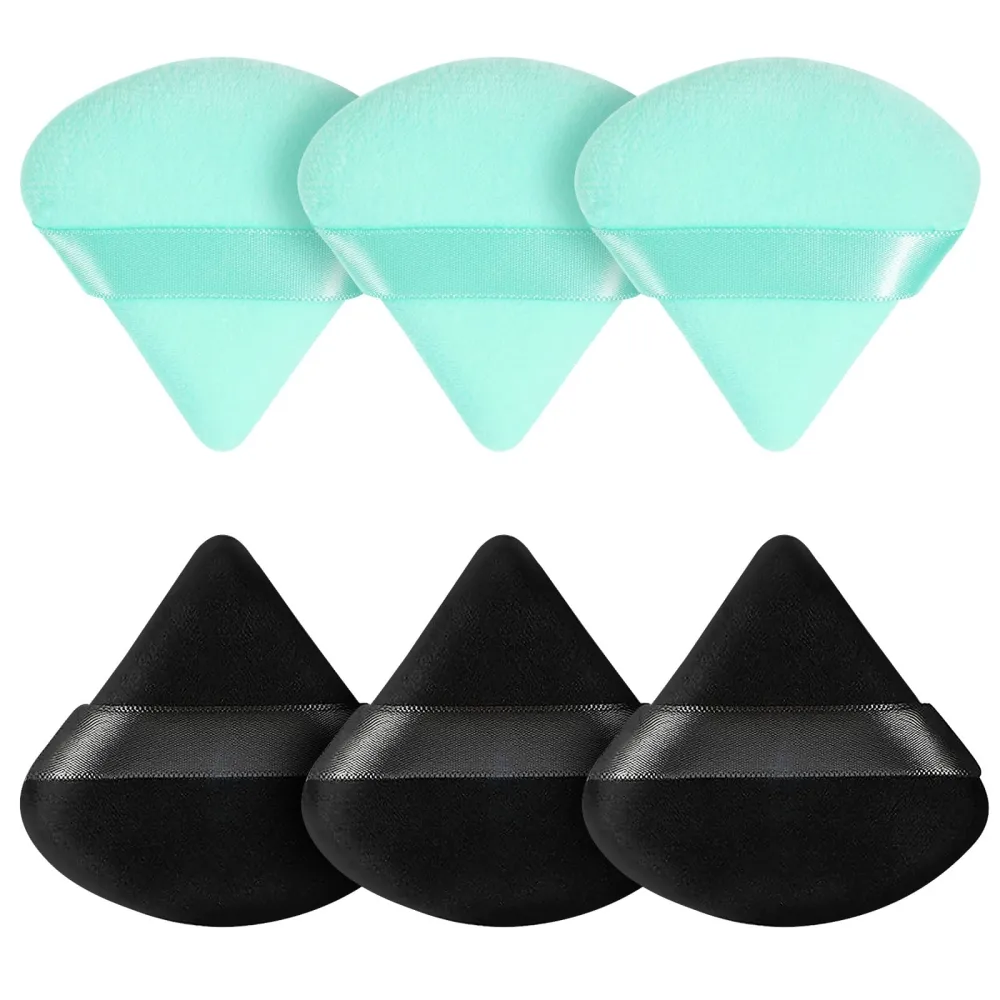 Pimoys 6 Pieces Powder Puff Face Soft Triangle for Loose Powder, Velour Makeup Blender Sponge Set Setting Powder Puff Beauty Makeup Tool, Black and Green