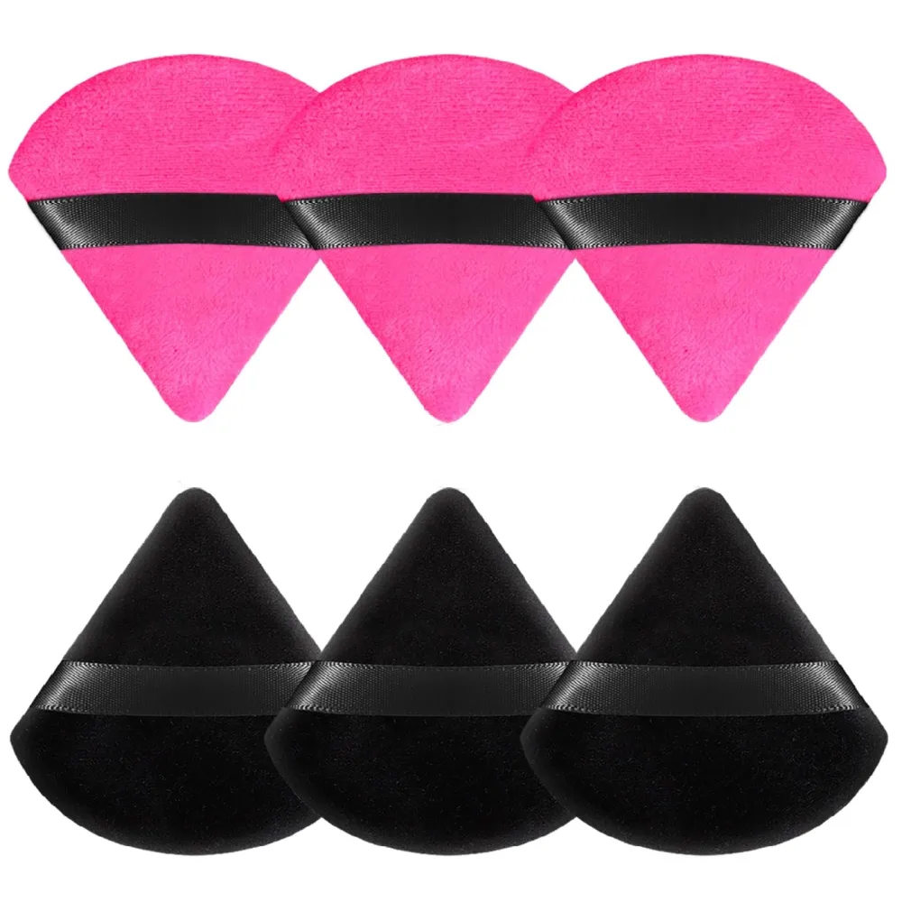 Pimoys 6 Pieces Powder Puff Face Soft Triangle Makeup Puff for Loose Powder Setting Powder, Velour Foundation Blender Sponge Beauty Makeup Tools (Black, Rose Red)