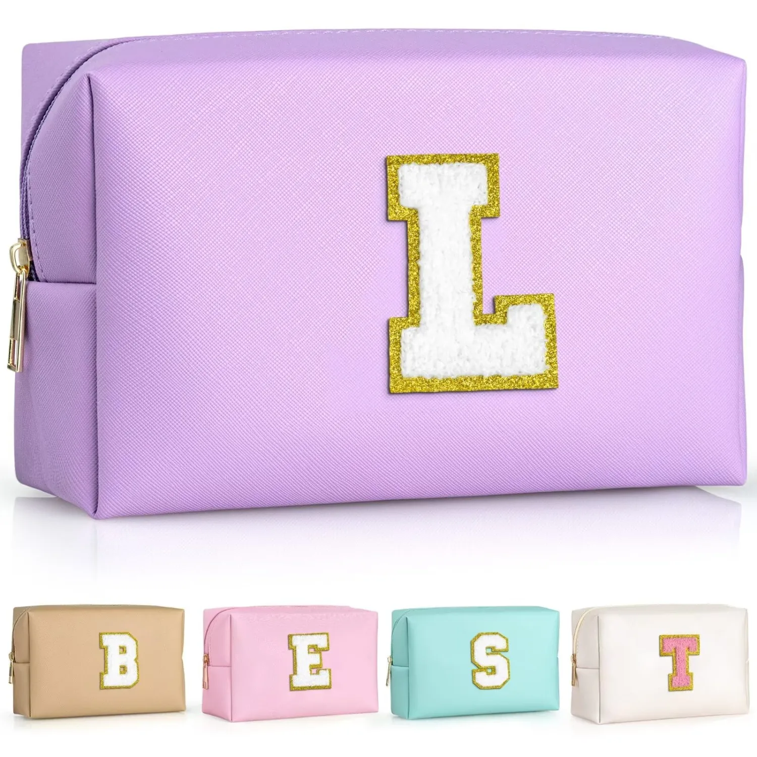 TOPEAST Personalized Birthday Gifts for Women, Preppy Patch Makeup Bag, Chenille Letter Pouch Cosmetic Bag, Travel Organizer, Gifts for Friends, Cute Stuff for Women (Purple L)