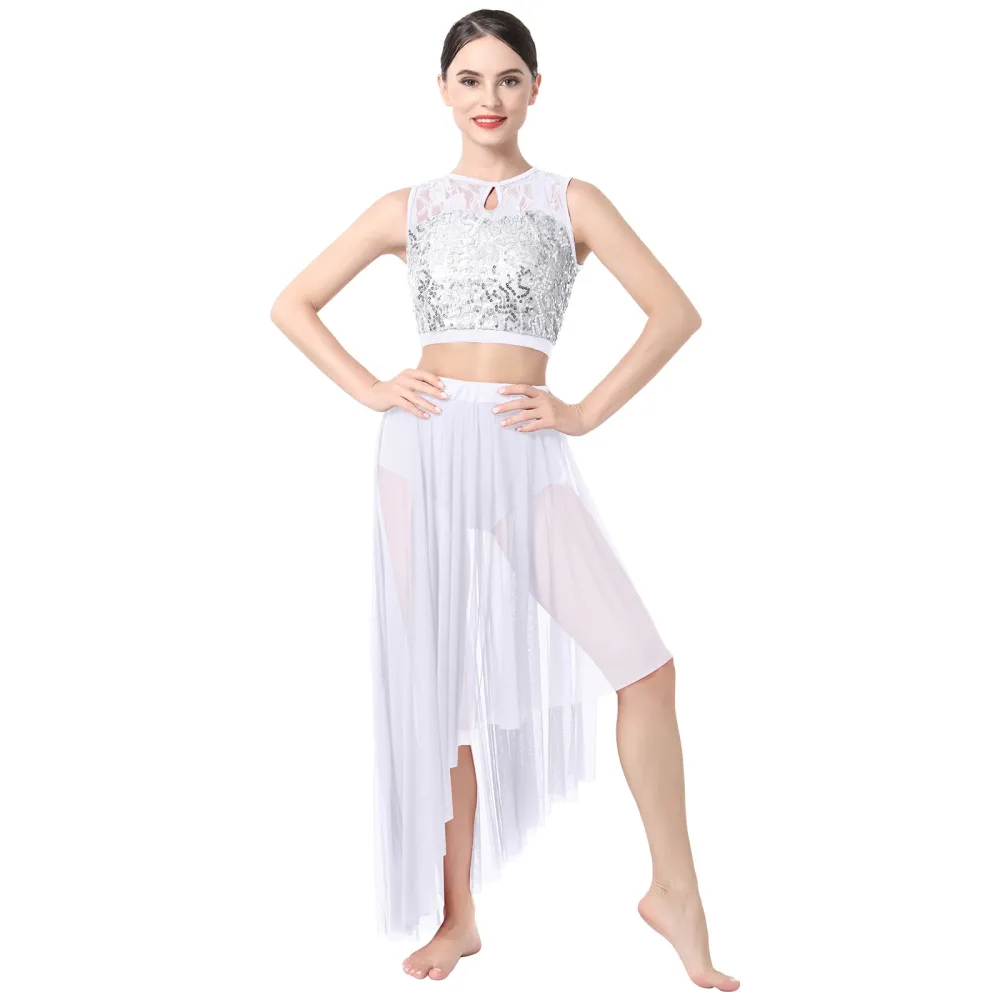 ODASDO Lyrical Dance Costume for Women Sequin Lace Floral Crop Top Asymmetrical Flowy Mesh Tulle Skirt 2pcs Outfit