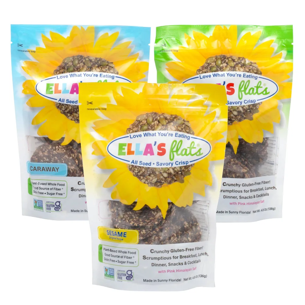 Ella’s Flats - Variety 3 pack (Sesame, Hemp & Caraway) All Seed Savory Crisps – All Natural, Gluten Free, Good Source of Protein, High Fiber, Vegan and Keto Friendly