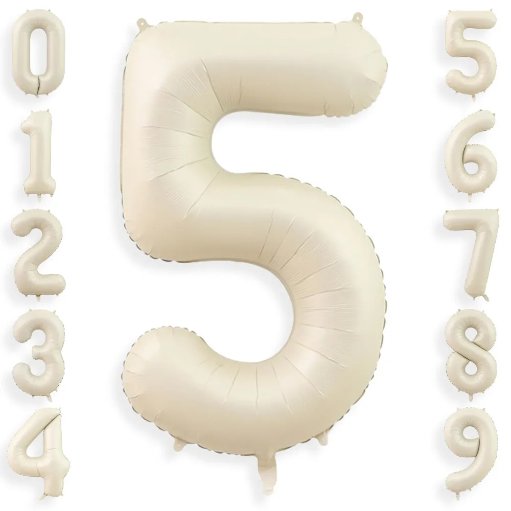 40 Inch Cream White 5 Balloon Numbers, Large Number 5 Balloon Foil Helium Number Balloons, Big 5 Mylar Birthday Balloons for Boys Girls 5th Birthday Party Decorations Anniversary Party Supplies