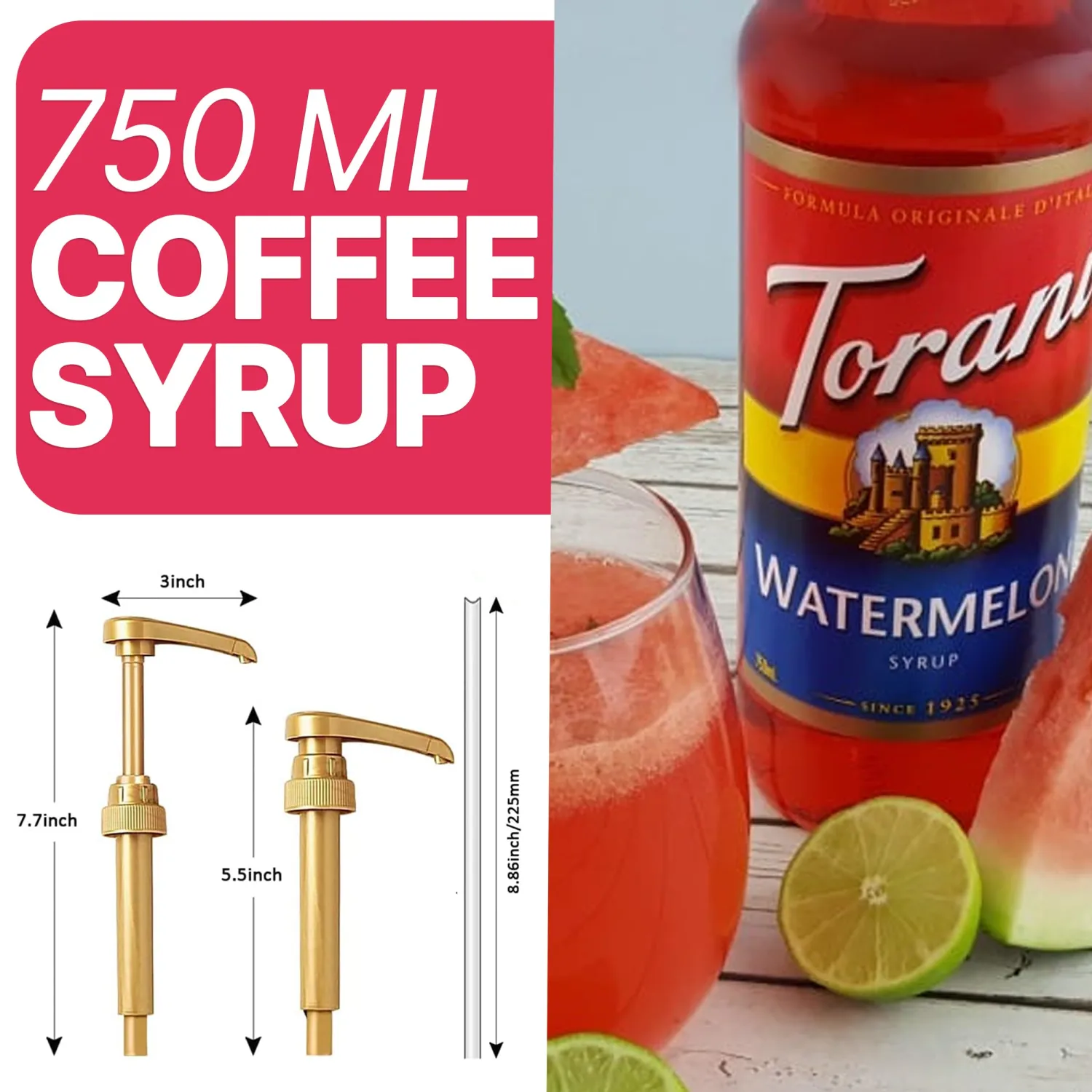 Coffee Syrup Pump Dispenser Fits 750ml Torani, Davinci, Jordan's Skinny (Monin 33.8oz Plastic Bottles) 1 Pack (1 Count (Pack of 1))