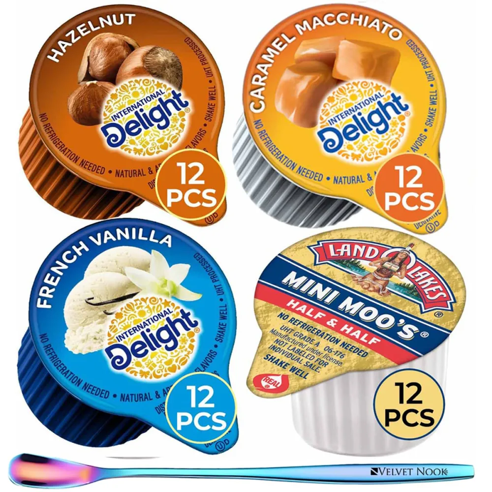 Coffee Creamer Singles Variety Pack - 48-Count Assorted Non Dairy Liquid Coffee Creamers - 4 Flavors: French Vanilla, Hazelnut, Caramel Macchiato & Half and Half - For International Delight Fans