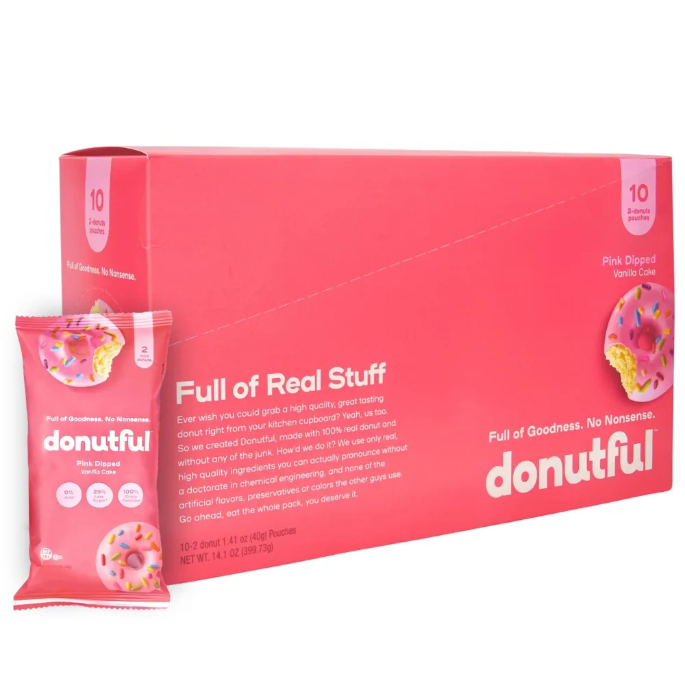 Donutful Pink Sprinkle Dipped Mini Donuts Snack Pack - Premium Super Donuts with Less Sugar, No Artificial Colors or Flavors, OU-Certified Kosher - Perfect Pastry Snacks - 10 Packs of 2