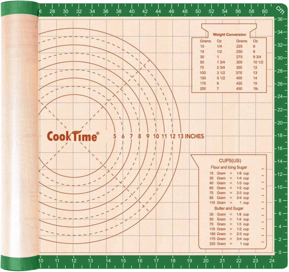 Silicone Pastry Baking Mat Non Stick-Large Rolling Dough with Measurements-Non Slip Pizza,Fondant,Pie,Cake Baking Mat - 26 x 16 Inch By Cook Time(Green)