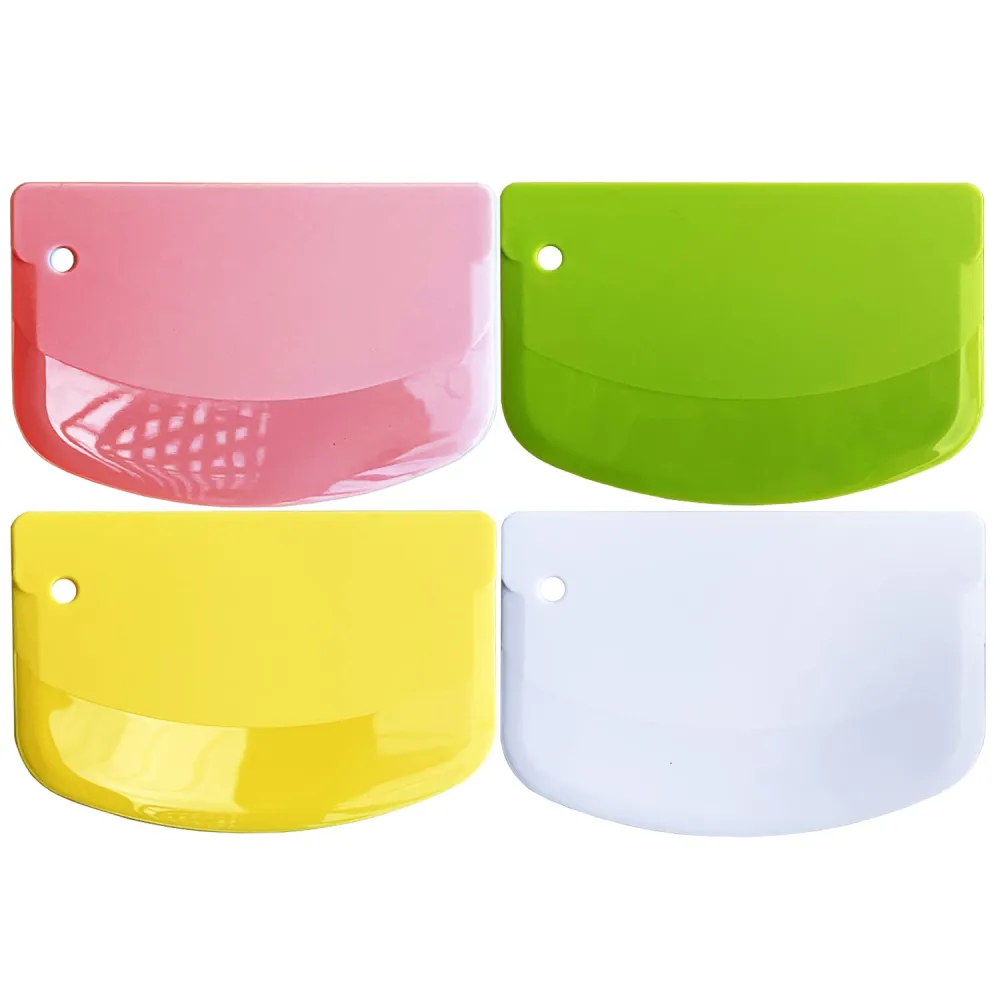 CEWIFO Bench Scraper Dough Scraper for Baking, 4 PCs BPA Free PP Plastic Flexible Dough Cutter, Food-Safe Plastic Bread Making Tools Cake Dough Fondant Icing (White, Green, Yellow, Pink)