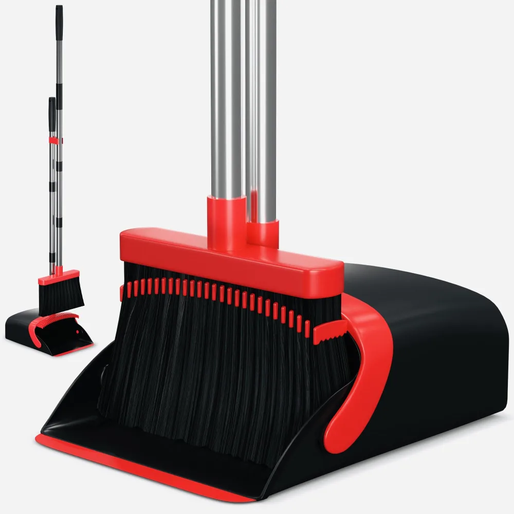 Long Handle Broom and Dustpan Set for Home, Indoor&Outdoor Floor Sweeping, Stand-Up Broom with Dustpan Combo for Office, Garage, Kitchen, and Lobby Use