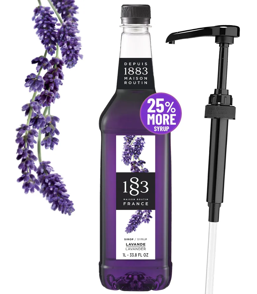 Lavender Syrup 33.8 Ounces - 1883 Lavender Syrup with Pump | Flavored Syrup for Hot & Iced Beverages, Subtle Floral Flavor - Gluten-Free, Vegan, Non-GMO, Kosher, Preservative-Free, Made in France