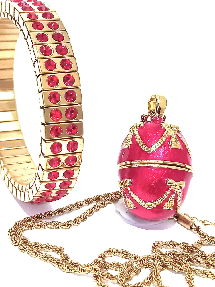 RUBY UNIQUE Gift for her Birthday HANDPAINTED Russian FABERGE egg Pendant NECKLACE & Austrian Crystal GEM Jewelry Bracelet for Women Birthday Anniversary Ruby Red 24kGOLD Her Jewelry SET HANDMADE 2ct