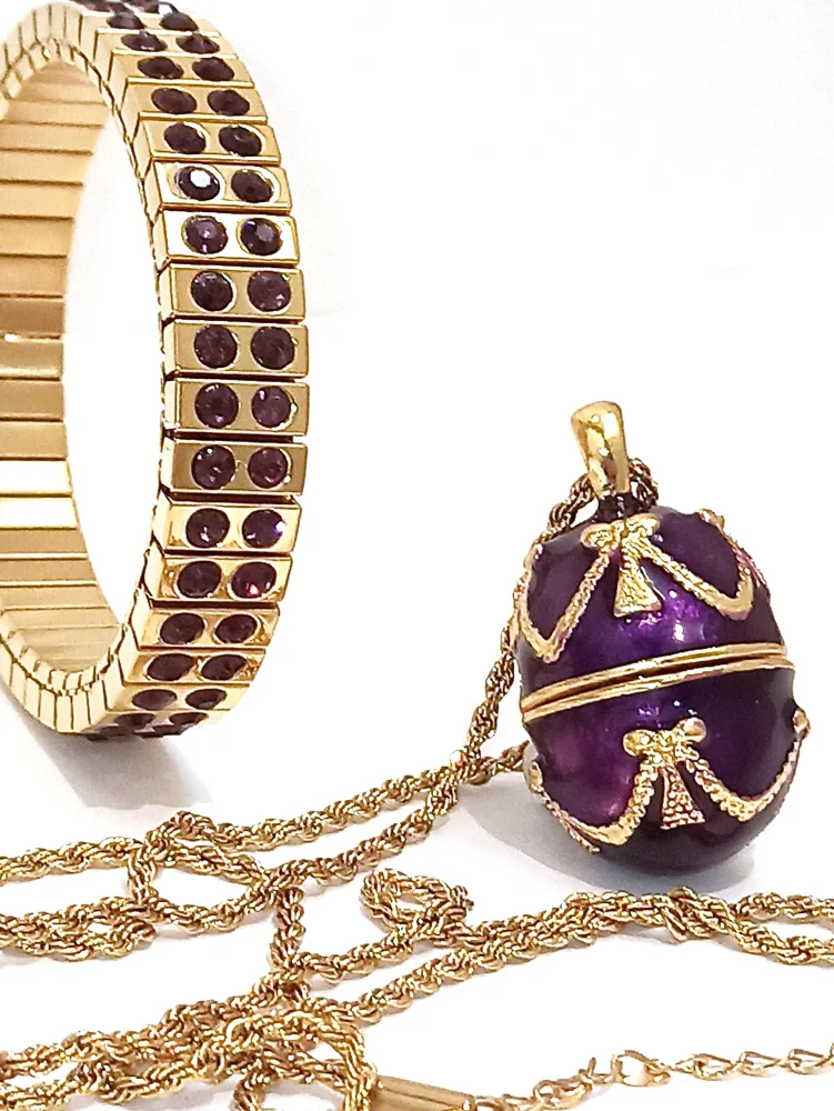 Amethyst UNIQUE Gifts for Mother of the bride HANDMADE Sapphire Blue Russian FABERGE egg Pendant NECKLACE & Bangle for her Birthday Mother inlaw SWAROSKIBracelet for Women 24kGOLD Jewelry SET 2ct