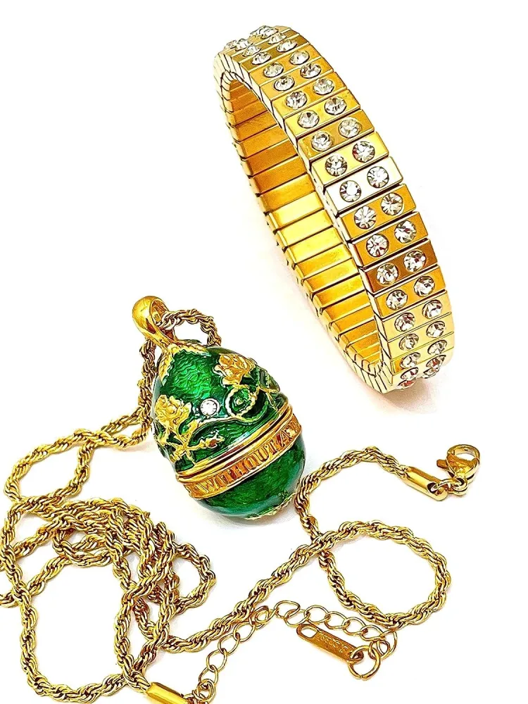 Designer HANDMADE Emerald Gold Pendant Necklace Green and Gold Faberge Egg Necklace Locket Jewelry for women Faberge style Egg Necklace Pendant 114 Austrian Crystal Diamonds Handset Faberge Jewelry