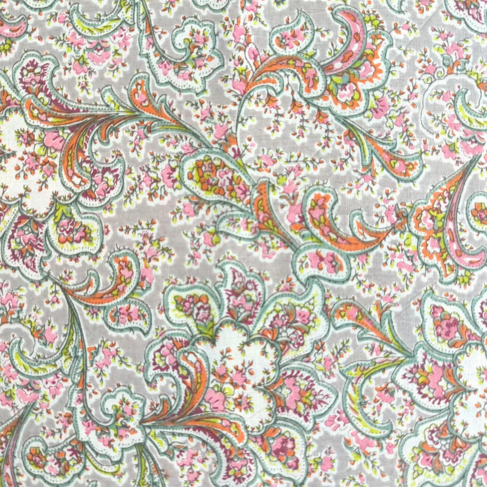 AVKA Studio Hand Block Print Fabric by The Yard - PRECUT 1 Yard 42 Inch Width - 100% Cotton Material - Taupe with Pink & Orange Floral Pattern - Light Weight Indian Cloth for Making Summer Dress Tops