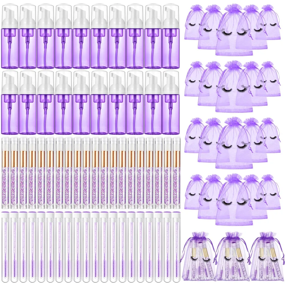 Zhehao 80 Pcs Lash Shampoo Bottle Brushes Set 20 Eyelash Shampoo Foam Pump Dispensers 20 Lash Aftercare Bag 20 Lash Brushes Pipes 20 Lash Shampoo Brushes, Lash Extension Cleaning Kit(Purple)