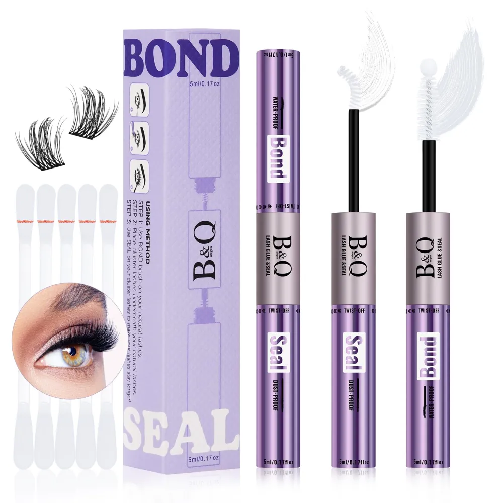 B&Q Lash Bond and Seal 10ml Lash Clusters Bond and Seal Lash Glue for False Eyelash Wispy Long Lasting Waterproof All Day Wear 2 in 1 Eyelash Bond and Seal for DIY Lash Extensions (White Bond,10ML)