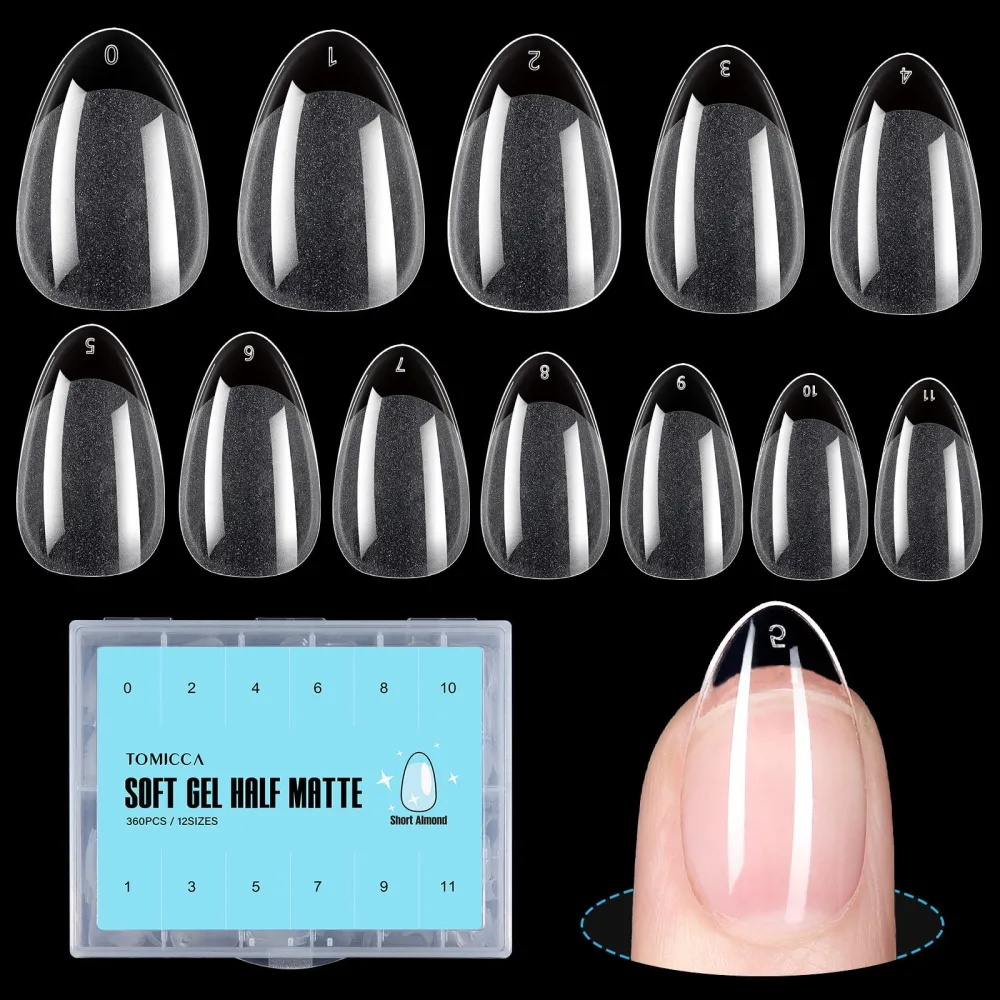 TOMICCA Short Almond Nail Tips, 360Pcs Soft Gel Full Cover False Nails, 12 Sizes Half Matte Pre-shaped Acrylic Nail Tips, Press on Nails tip for Nail Extension, Nail Salon and Home DIY