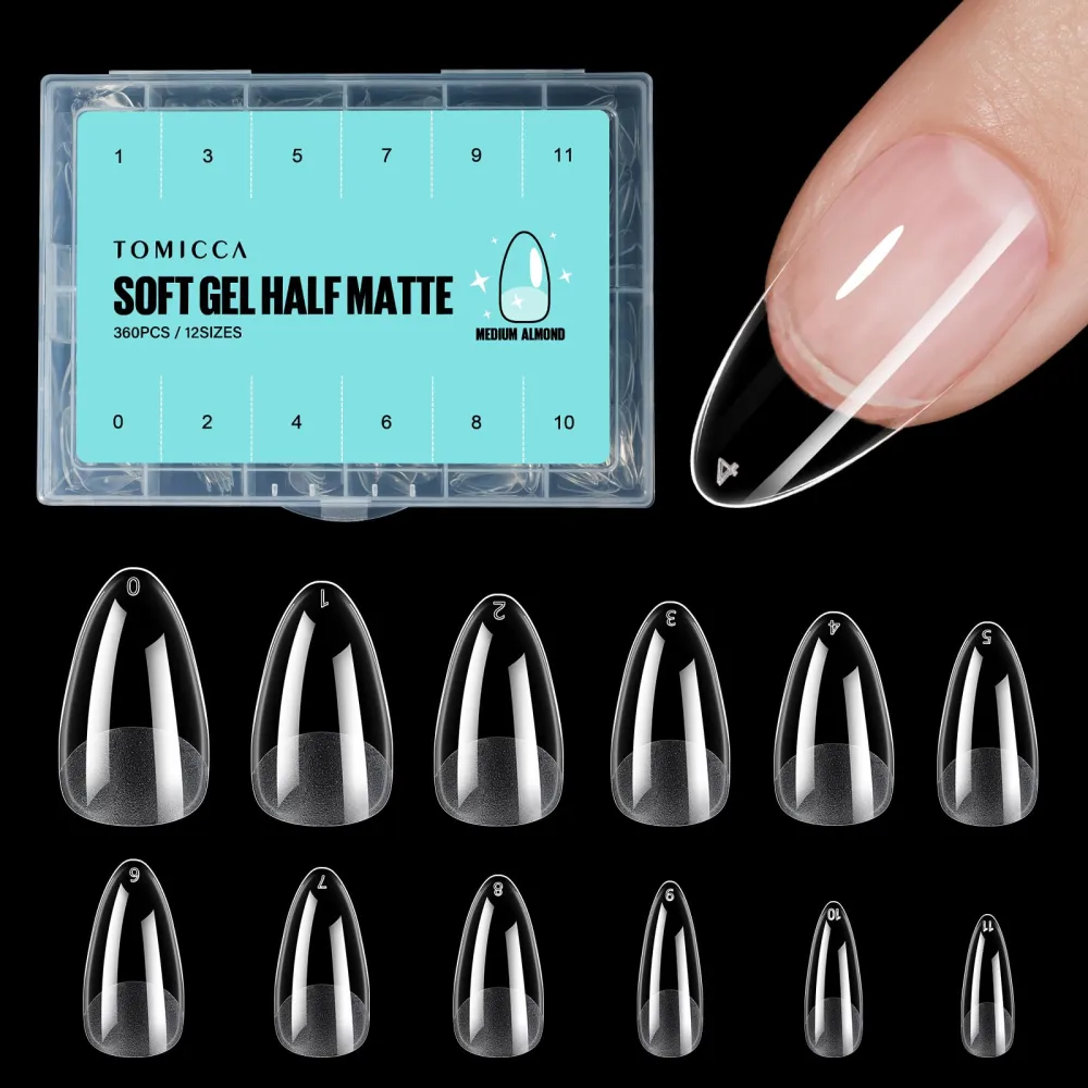 TOMICCA Almond Nail Tips, 360pcs Half Matte Press on Full Cover Acrylic Nails, 12 Sizes Pre-Shape Soft Gel Fake Nail Tips for Nail Extension Art Home DIY Nail Salon