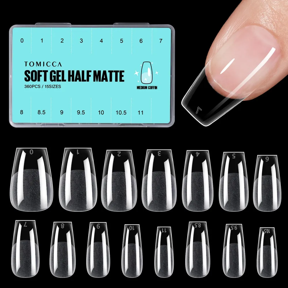 TOMICCA Medium Coffin Nail Tips, 360pcs Half Matte Full Cover Acrylic Nails, 15 Sizes Pre-Shape Fake Nail Tips for Nail Extension Art Home DIY Nail Salon