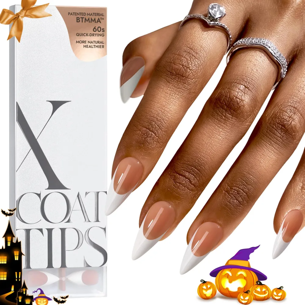 BTArtboxnails French Gel Nail Tips - Halloween Nails French Tip Press on Nails Brown Long Stiletto XCOATTIPS Pre-applied Tip Primer & Base Coat, No Need to File Fake Nails for Nail Art DIY