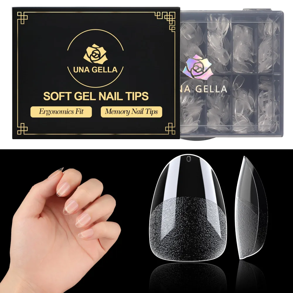 UNA GELLA Extra Short Almond Nail Tips 504 Pcs Pre-Filed Short Almond Soft Gel x Nail Tips 12 Sizes Press On Nails Tips Full Cover Half Matte Clear Fake Nails for Acrylic Nails Soak Off Home DIY Salon