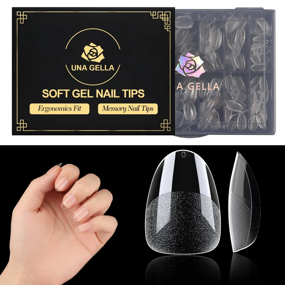 UNA GELLA Extra Short Almond Nail Tips 216 Pcs Pre-Filed Full Cover Soft Gel x Nail Tips 12 Sizes Short Almond Press On Nails Tips Half Matte Clear Fake Nails for Acrylic Nails Soak Off Home DIY Salon