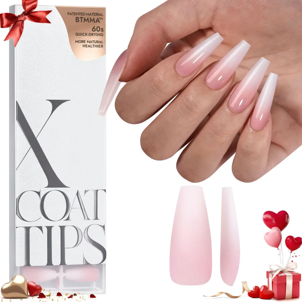 BTArtboxnails XCOATTIPS Ombre Nails - Press on Nails Long, 160Pcs Nail Tips Coffin Shape Pink White Gradient Soft Gel False Nail Tips Soak Off Fake Nails Extensions DIY 16 Sizes