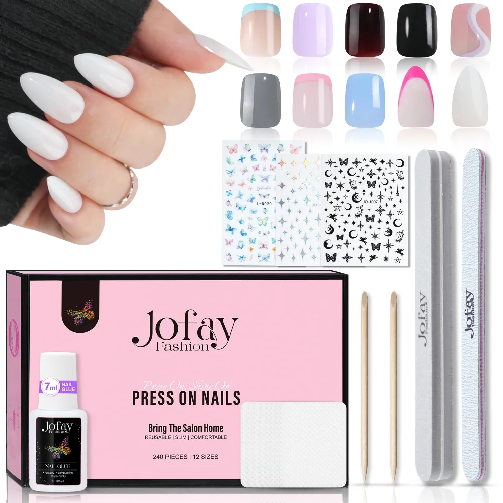 Short Press on Nails Square, Jofay Fashion Short Nial Tips Solid Color Fake Nails Kit with Glue on Nails Set 7ml Nail Glue 10 Pack 240PCS Fit Perfectly & Natural Stick On Nails Set