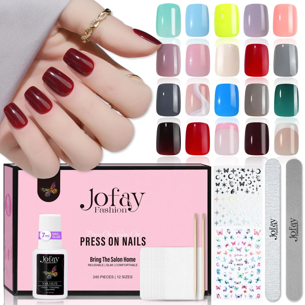 20 Packs Gel Nail Tips Short，Jofay Fashion 480PCS Short square Press On Nails,Natural Fit Lightweight Fake Nails Natural for Nail Art Artificial False Nails Stick on nails