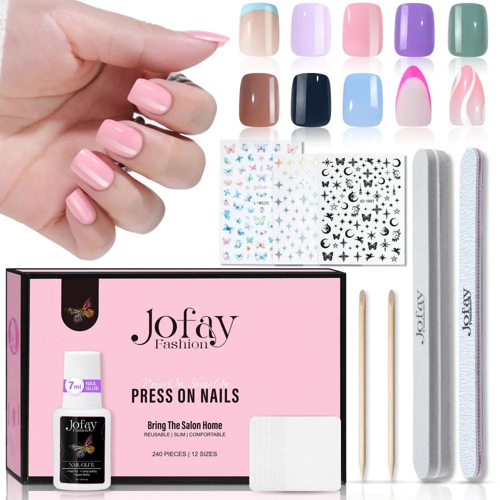 Jofay Fashion Gel Nail Tips - 240 Pcs Press On Nails Short Kit Acrylic Fake Nails Short Press on Nails Square Fake Nails with Design Full Cover Acrylic Nails Kit Salon Manicure