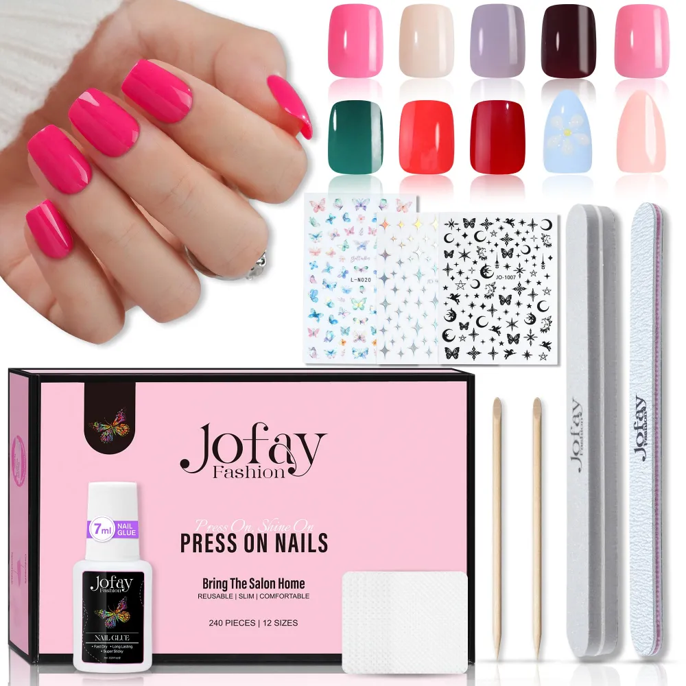 Jofay Fashion Gel Nail Tips -Press On Nails Short Kit Acrylic Fake Nails 10 Packs（240 Pcs) Soild Press On Nails Square Glue On Nails with Nail Glue, Fit Perfectly & Natural Stick On Nails Set