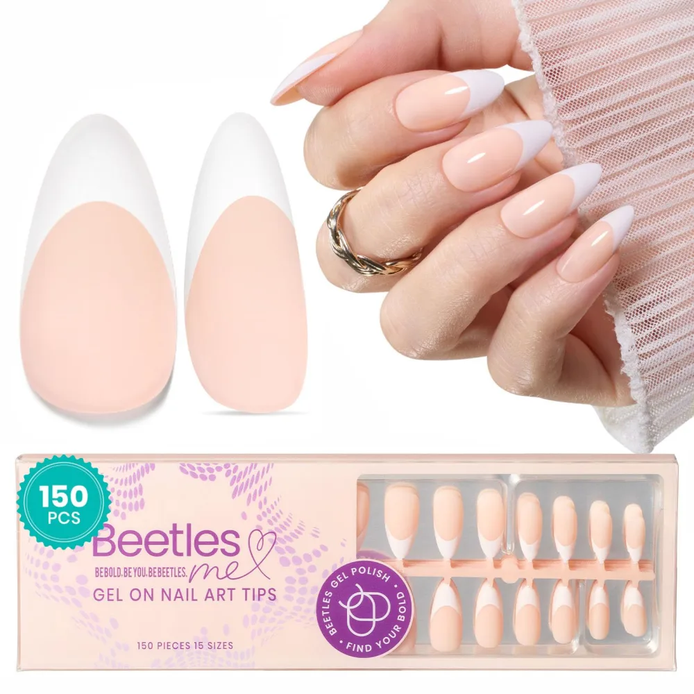 Beetles French Tip Press on Nails, 150 PCS Skin Tone Almond Medium French Gel Nail Tips Etch X Pre-Base, No File Need 4-IN-1 Easy False Nail Tips for Nail Extension Nail Art Design