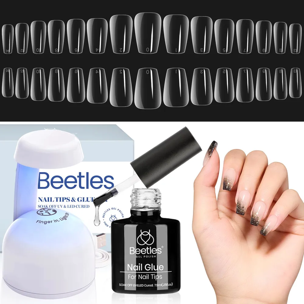 Beetles Gel Nail Tips,510Pcs 15 Sizes Short Coffin Acrylic Nail Kit, Clear Nail Tips 5 in 1 Nail Glue Base Gel and Uv Led Lamp Easy DIY Press on Nails Nail Extension Set Valentine's Day Gift for Women