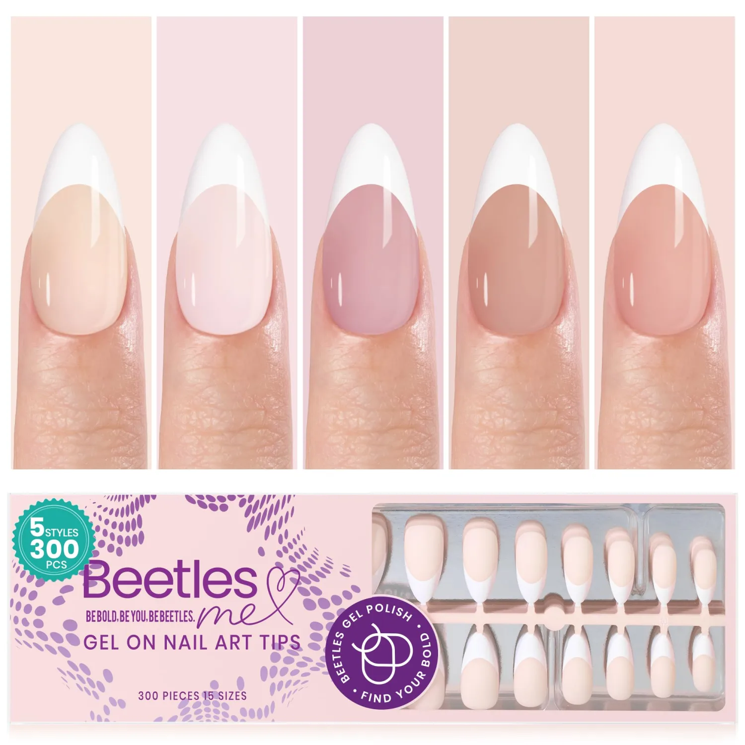 Beetles Pre-French Tips Gel Nail Tips, 300Pcs in 5 Colors 15 Sizes Gel Nail Tips French Tip Press on Nails Medium Almond Pre-shaped & Nude Pink Pre-colored Soft Tips False Nails DIY Nail Extensiond