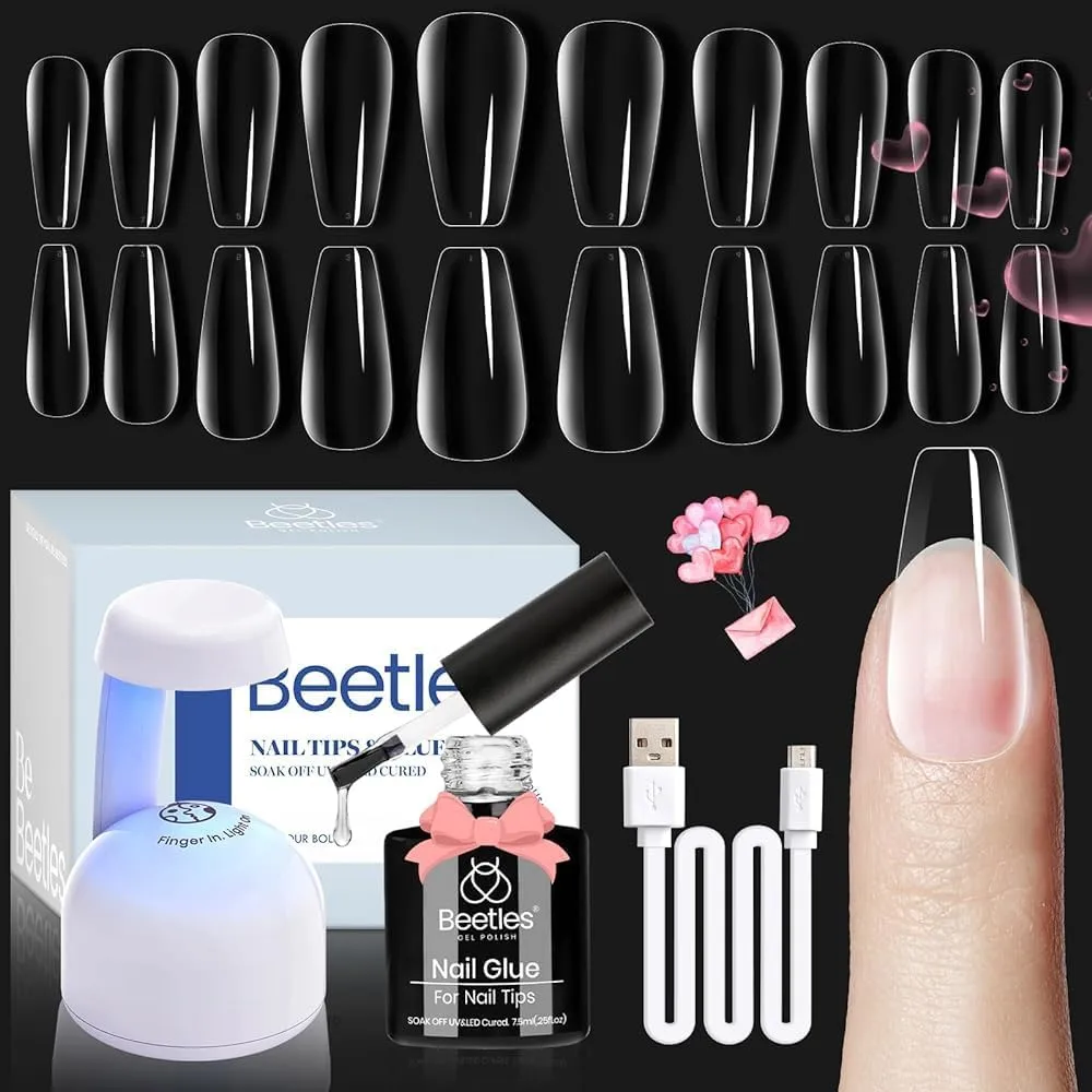 Beetles Gel Nail Kit Easy Nail Extension Set With 500Pcs Medium Coffin Shaped Tips 5 in 1 Nail Glue Base Gel and Innovative Led Lamp Easy Funny Diy Nail Tips Art Decoration at Home Gift for Women