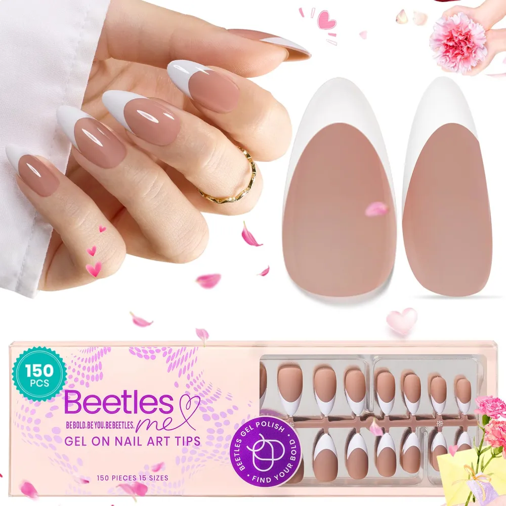 Beetles Pre-French Tips Gel Nail Tips, 4-IN-1 150Pcs Almond Medium French Press on Nails Etch X Pre-Primer & Base Coat, No File Need Easy False Nail Tips for Nail Extension Nail Art DIY Design