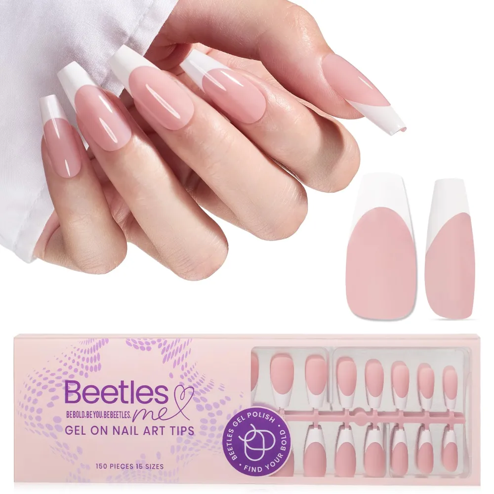 Beetles French Gel Nail Tips, Fake Nails Medium Coffin 150Pcs in 15 Sizes 4 in 1 French Tip Press on Nails Nude Pink Pre-applied Tip Primer & Base Coat, No Need to File False Nails for Nail Art DIY