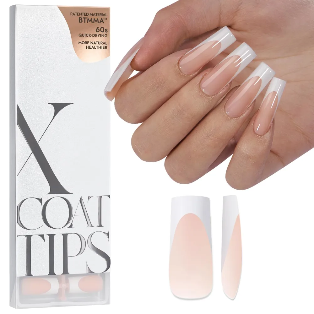 btartboxnails XCOATTIPS French Tip Nails - Extra Long Press On Nails, 160 Pcs Nude Soft Gel Nail Tips Square Pre-applied Tip Primer & Base Coat, No Need File False Nails for Nail Art DIY, 16 Sizes