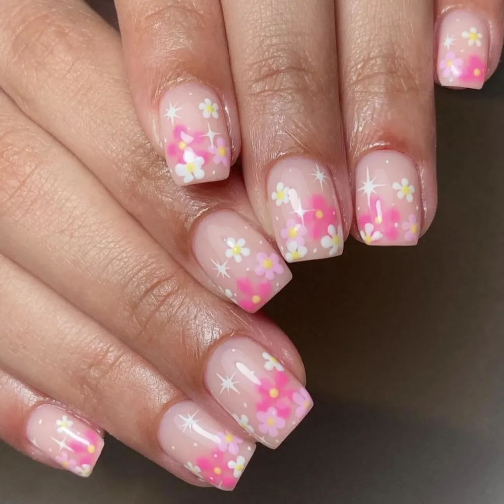 24 Pcs/Set Pink Press on Nails Short Square - SHANRUN Spring Flowers Design Fake Nails French Glossy Gel X Nail Tips Full Cover Acrylic Nails Press ons with Nail File Stick Jelly Glue on Nails Kit