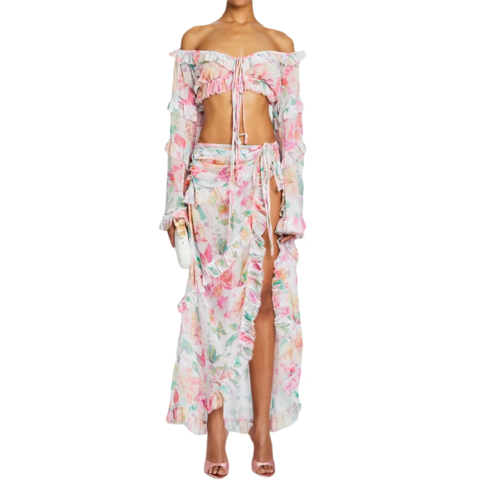 Women’s Two Piece Outfits Off Shoulder Floral Crop Tops and Skirt Set