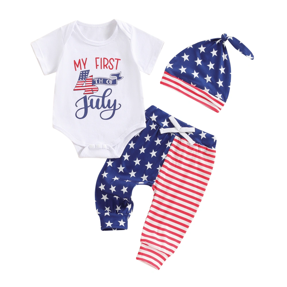 Baby Boy Patriotic Outfit Short Sleeves Romper and Pants Beanies Hat