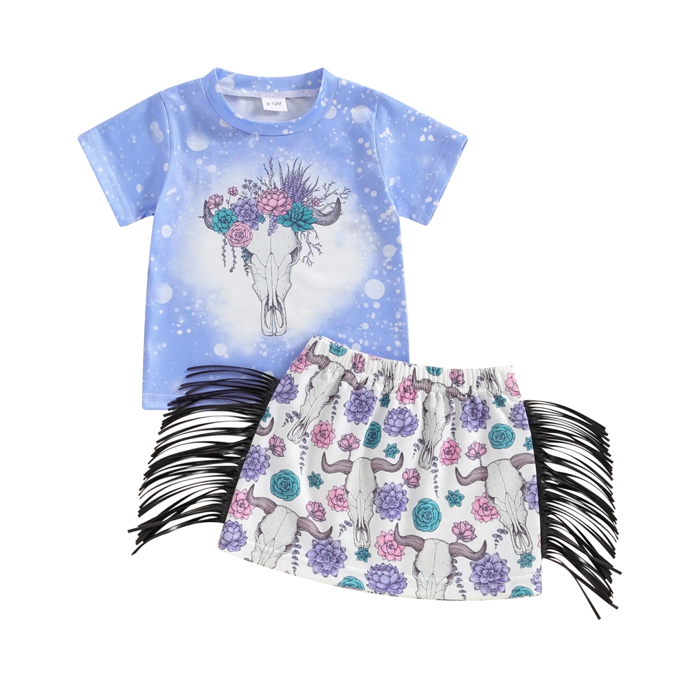 Girls Summer Outfits Bull Head Print Short Sleeve Tops Floral Skirt