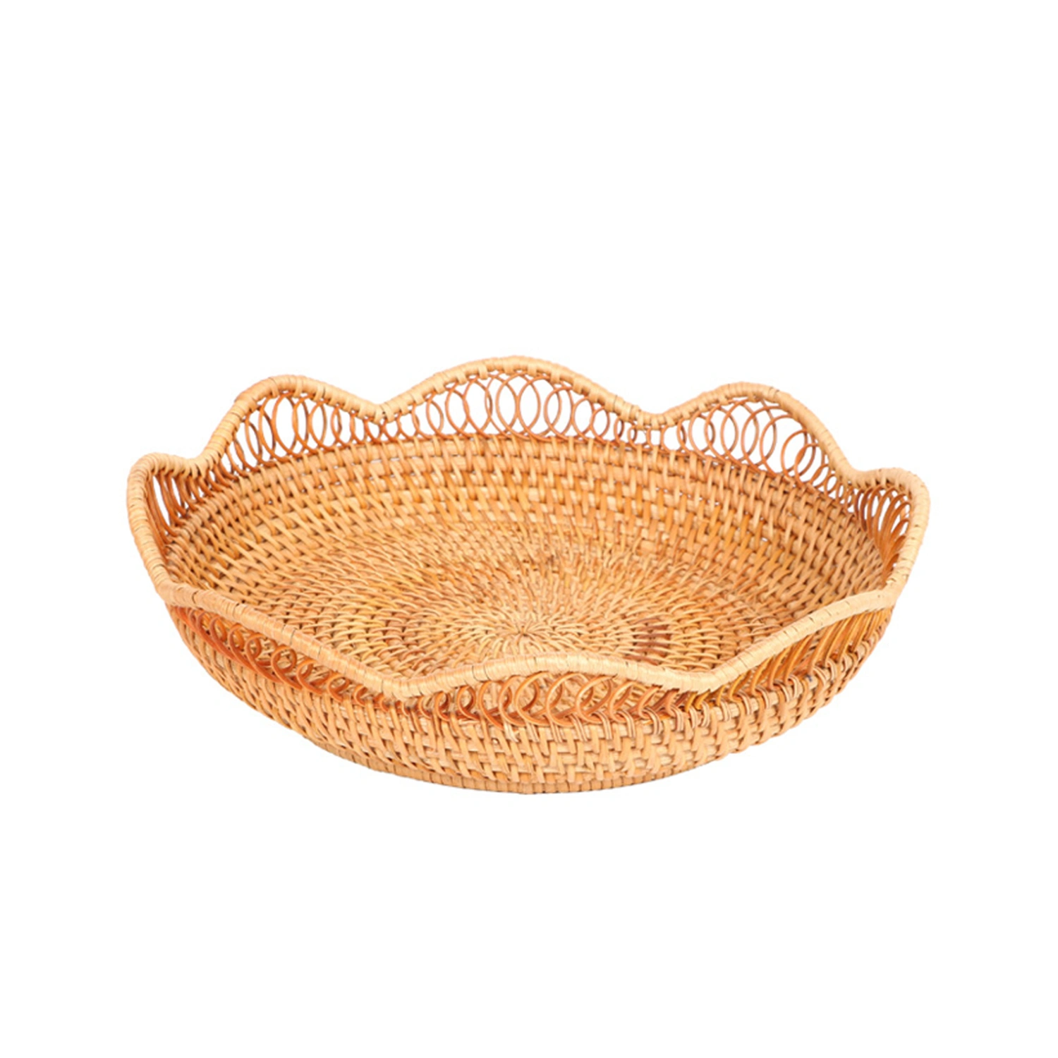 Rattan Fruit Basket Round Shape Rustic Woven Bread Serving Tray