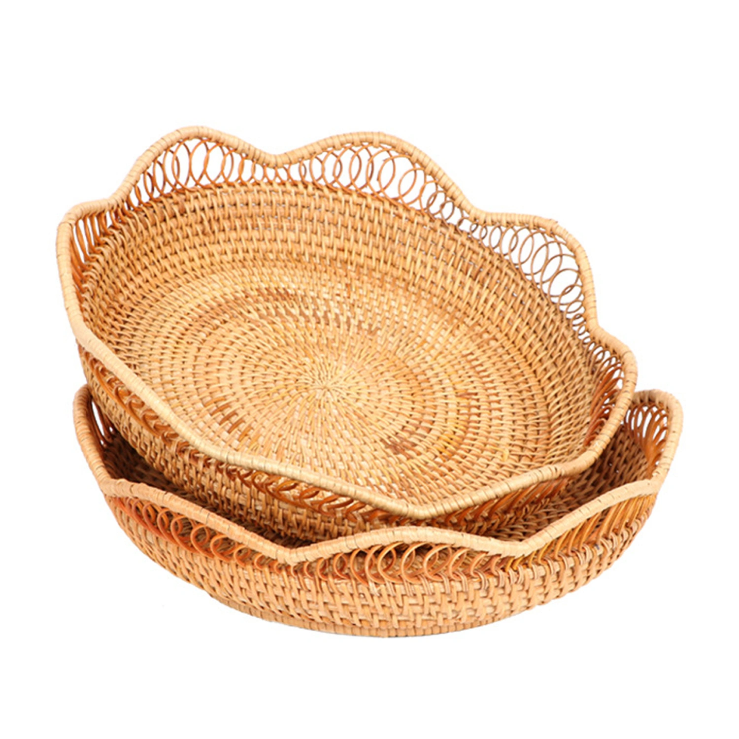 Rattan Fruit Basket Round Shape Rustic Woven Bread Serving Tray